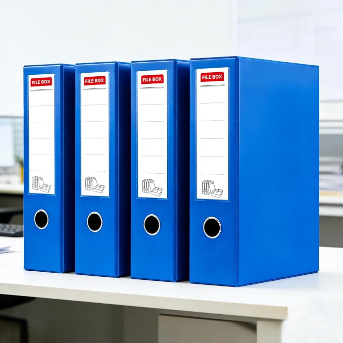 Storage File Boxes 4 Pack, Foldable File Box with Clip, 88mm Spine, Blue | Archives Cases with Magnetic Closure, Plastic Document File Organizer Storage