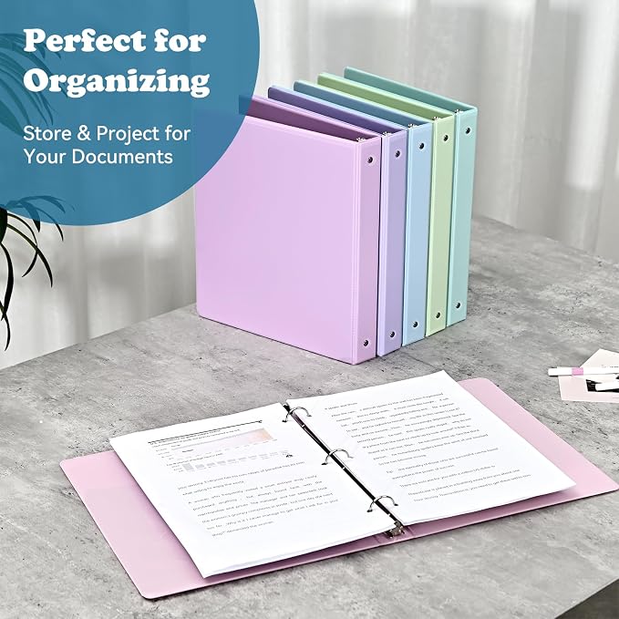 1-inch 3-Ring Binder with Pockets, Basic Binders 1'' Pastel Color Binders, Holds Letter Size 8.5'' x 11'',200 Sheet Capacity, Bundle 6 Pack for Back to School (1-Inch)