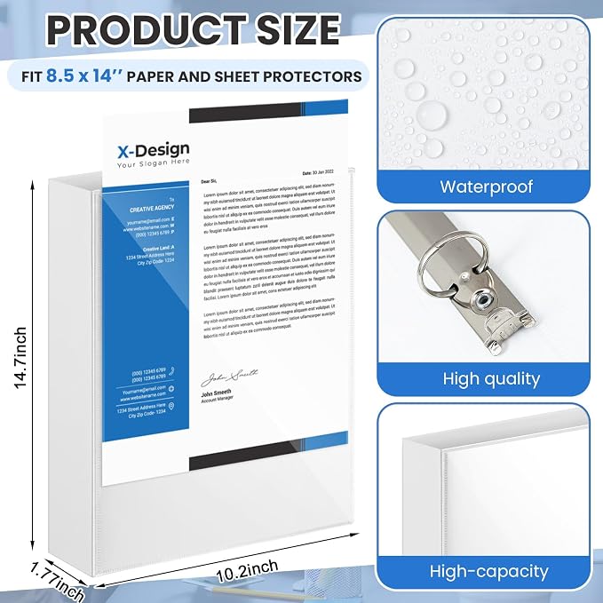 Henoyso 4 Pcs 1.5" Legal Size PP Plastic Binders with View Cover, Durable 3 Ring White Binders for 8.5" x 14" Paper, Hold up to 275 Sheets for Documents, Office, Home, Work Places