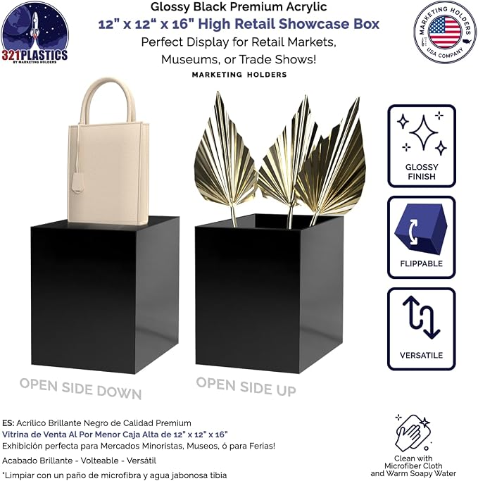 Marketing Holders 4 Pack 12" x 12" x 16" Black Acrylic Display Box with One Open Side No Lids Versatile Tall Merchandise Storage Bin or Retail Product Riser