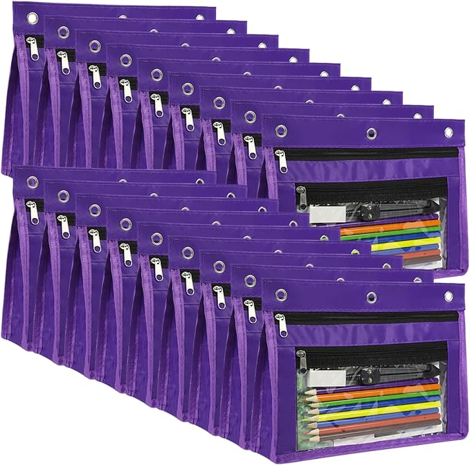 YoeeJob 18 Pack 1 Inch Expandable Zipper Pencil Pouches with Clear Window for 3 Ring Binder, Suitable for School & Office（Purple）