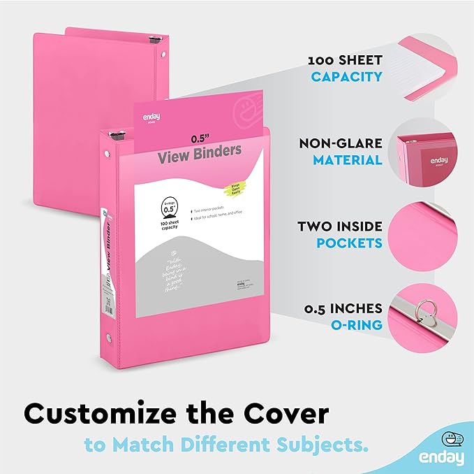 Enday 1/2 inch Binder 3 Ring Binder (6 Pack - Pink) O-Ring Binder with Clear View Cover and 2 Inside Pocket - for Letter Size 8.5 x 11'' Paper, Ideal for School Supplies, Office, and Home