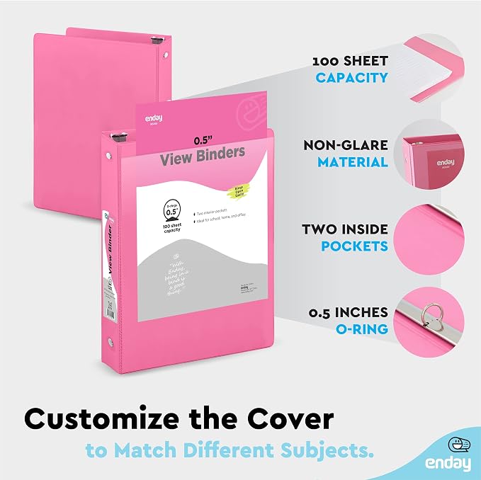 Enday 1/2 inch Binder 3 Ring Binder (24 Pack - Pink) O-Ring Binder with Clear View Cover and 2 Inside Pocket - for Letter Size 8.5 x 11'' Paper, Ideal for School Supplies, Office, and Home