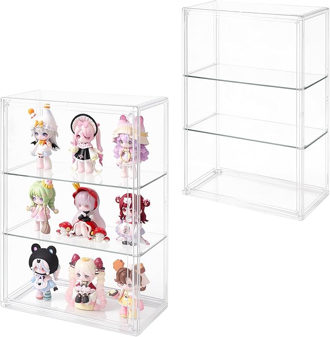 3-Tier Acrylic Display Case for Figures, Wall-Mounted Clear Action Figure Storage Organizer with Magnetic Door & 2 Adjustable Shelves, Dustproof Showcase for Collectibles, 2 Pack