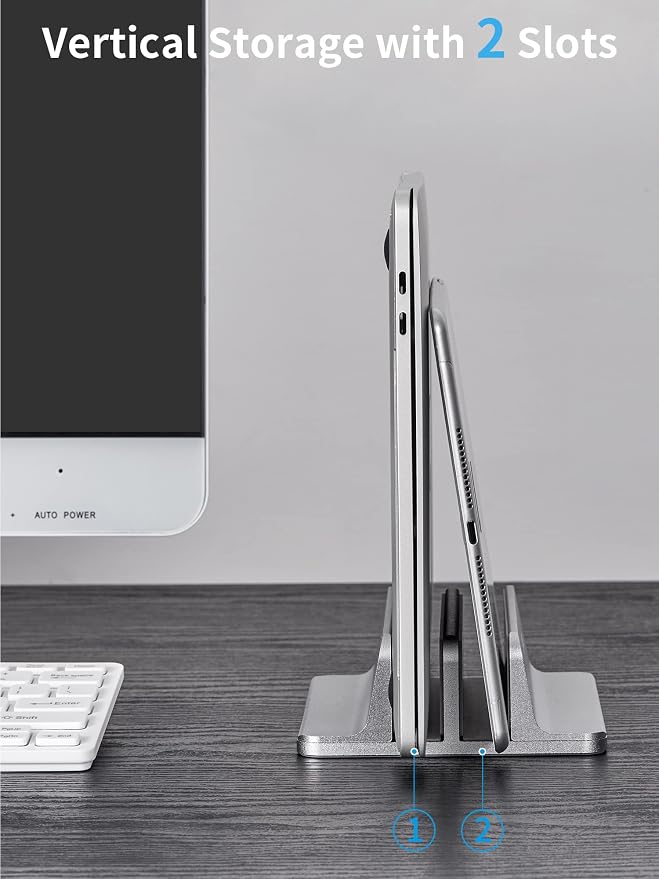JARLINK Double Vertical Laptop Stand, Adjustable Aluminum Desk Dock, Black | Vertical Laptop Holder Fits up to 17.3" Notebooks, Space-saving Desktop Organizer for MacBook, Surface, Dell & Gaming Laptops