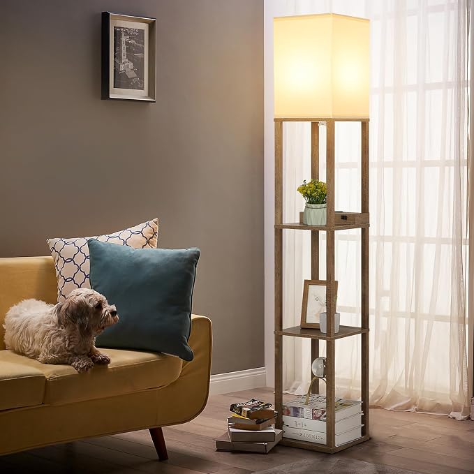 Shelf Floor Lamp with Wireless Charger, USB, Type C, AC Port, Wood | Fast Charging USB Ports & Type C Port & 2 Power Outlets, 3 Tier Storage Shelf Lamp, E26 Base, 60W Max(Bulb Not Included)