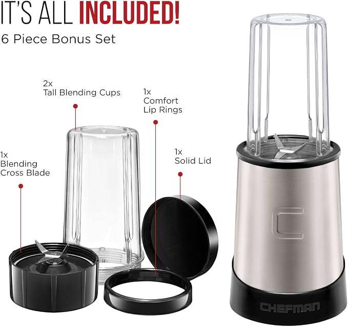 Chefman Personal Ultimate Kitchen Blender, Quick Portable Blending of Shakes, Smoothies, Baby Food & Juice, 2 Travel Cups, Cover & Drinking Rim, 6-Piece Set, Dishwasher-Safe Stainless-Steel Blade
