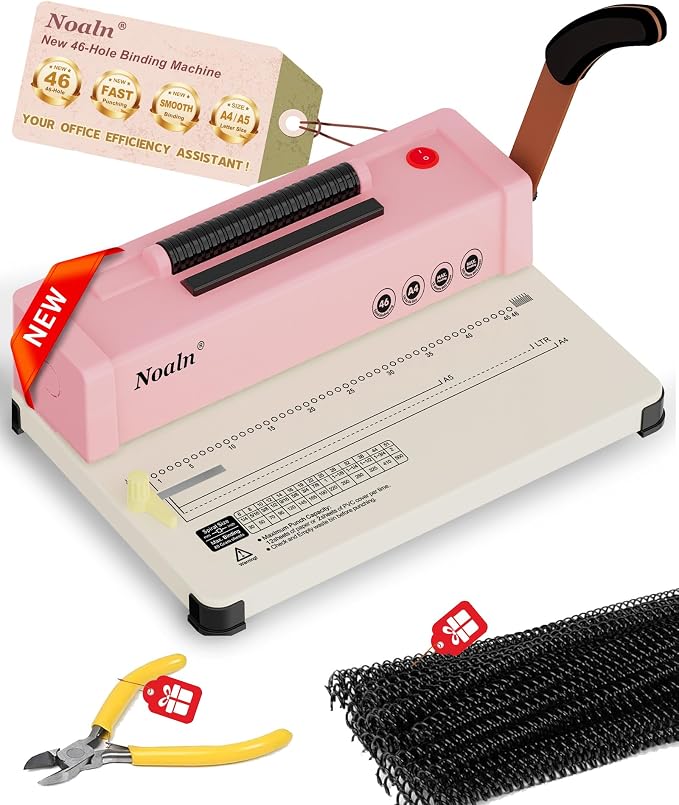 46-Hole Binding Machine Spiral Coil Binder Classic Pink,DIY Book Binder Kits with Electric Coil Inserter,100pcs Comb Binding Spines,for Letter Size/A4/A5 School Office Home