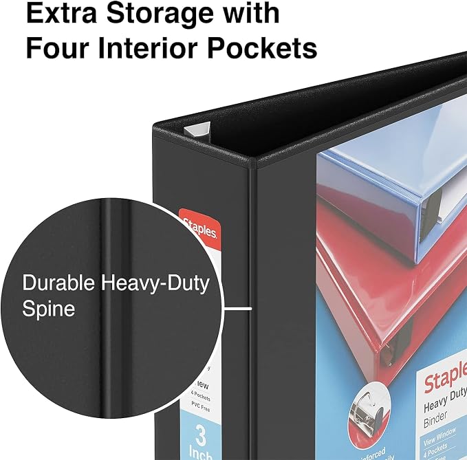 Staples Heavy-Duty 3-Inch D-Ring View Binder, Black – Large Capacity 3-Ring Binder for School & Office Storage