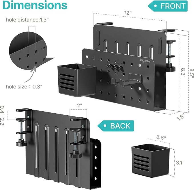 Under Desk Storage Organizer, Laptop Holder for 0.4"-2.2" Desk Edge, Black | Holds 22lbs, Clamp on Desk Organizer with Pegboard Design, Fits 0.4"-2.2" Desktop Edge