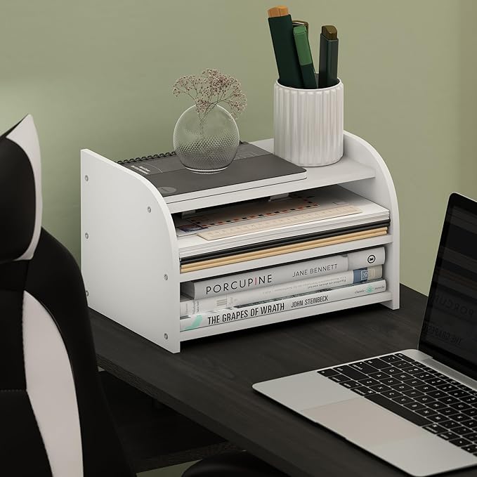 Furinno Classic Desk Organizers and Accessories, 3-Tier Monitor Riser, Office Organization, Desk Top Book Shelf, for Office Supplies, White