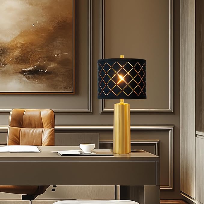 24" Modern Table Lamp for Living Room Bedroom Black Grid Shade | Gold Nightstand Resin Lamps Contemporary Desk Lamps for Bedside End Tables, 2 Bulbs Included (Gold)