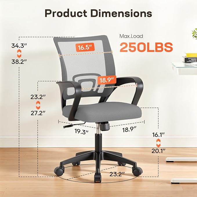 BestOffice Ergonomic Office Chair | Mid-Back Swivel Desk Chair | Grey | with Lumbar Support, Adjustable Height & Breathable Backrest | Sponge Seat & Rolling Wheels | for Home, Office | Pack of 1