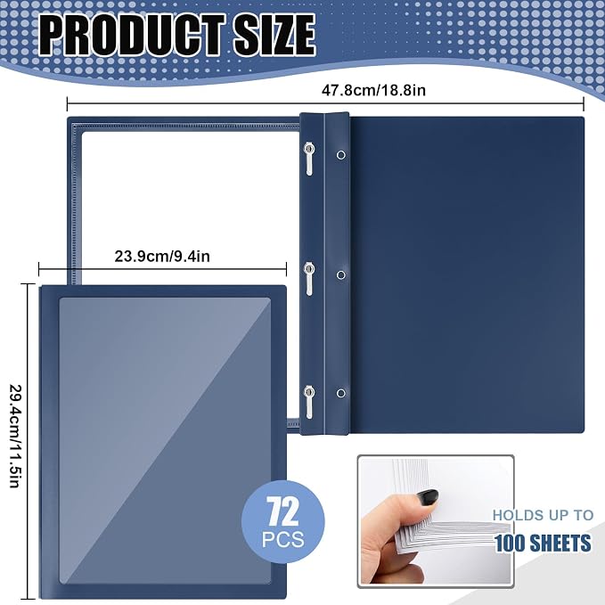 Teling 72 Pcs Report Covers with 3 Prong Fasteners Clear Front Presentation Folders Frame View Poly Report Folder Presentation Binder for Paper Document School Office (Navy Blue)
