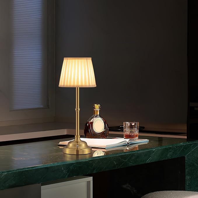 KDG Gold Cordless Portable LED Table Lamp, Beige Fabric Shade Desk Lamp | 4000mAh Rechargeable Battery Powered Lighting, Dimmable Light for Dining Room, Bedroom, Bedside, Night Light, Balcony
