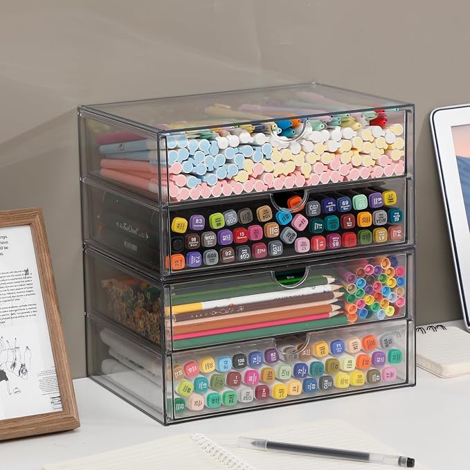 Clear Desk Drawer Organizer, 6 Drawers, Plastic | Stackable Desk Organizers and Accessories, For Pencils, Books, Art Crafts, Makeup, For Home Office, Bathroom, Kitchen