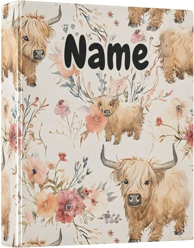 Custom 3 Ring Binder Cute Highland Cows Flowers 1.5" Round Ring Binders Personalized Name View Binder with 200 Sheet for Kids School Supplies Women Men Office, 1 Pack