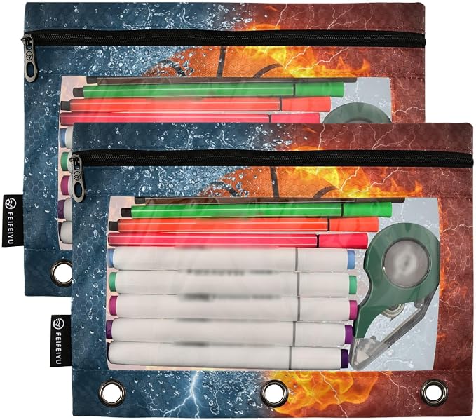Custom Basketball Ball Pencil Pouch for 3 Ring Binder, 2 Pack Personalized Name Waterproof Pencil Bags Clear Window Pencil Case School Office Supplies