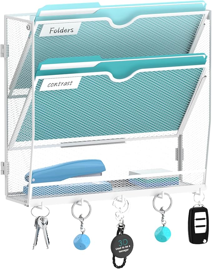 3-Tier Wall File Organizer and Mail Organizer with 5 Hooks, White | Label slots, curved openings, 5 key hooks, and a bottom tray support organized mail, file, and everyday item storage.