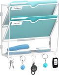 3-Tier Wall File Organizer and Mail Organizer with 5 Hooks, White | Label slots, curved openings, 5 key hooks, and a bottom tray support organized mail, file, and everyday item storage.