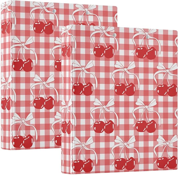 Cherry Bow Tie Ribbon Gingham 1.5 Inch Binders 3 Ring for Letter Size Holds 200 Sheets Notebook Binder with Clipboard for Women or Men