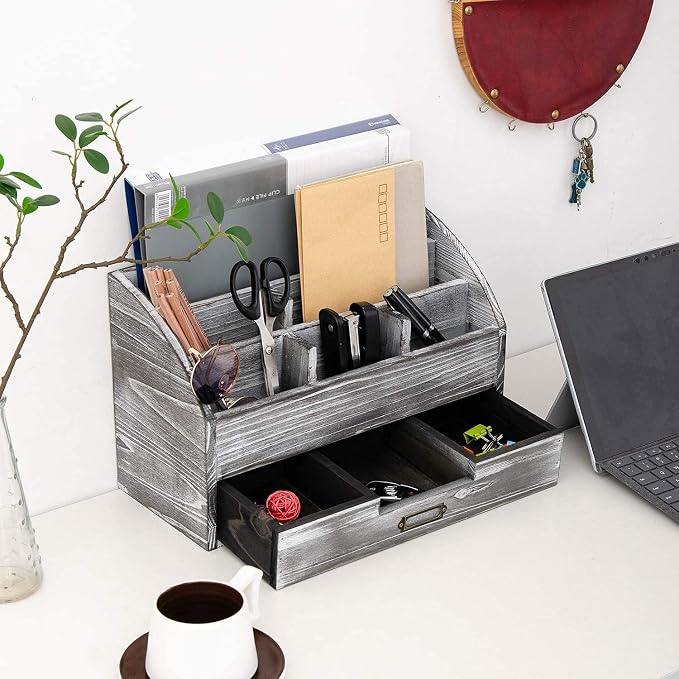 Rustic Wooden Office Desk Organizer 5 Compartment with 2 Drawer &Counter Home Tabletop Desktop Jewelry Mail Rack Storage Box for Pens Notebooks Folders Pencils (Grey white)