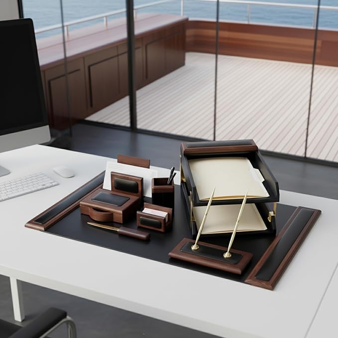 Dacasso Walnut and Black Leather Desk Set, 10-Piece, 34" x 20"