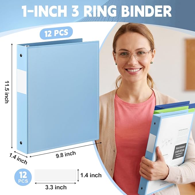 Henoyso 1 Inch 3 Ring Binders with Clear Front Cover and 2 Pockets, Round Ring Binders Fits 8.5'' x 11'' Letter Size Paper for School Office Supplies, 12 Pack (Assorted Fresh Color)