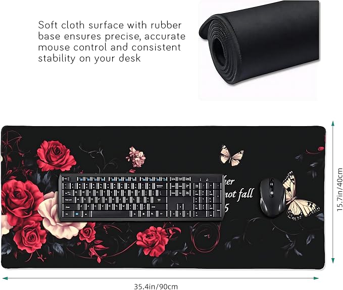Floral Aesthetic Rose Gaming Mouse Pad, Black Red Gothic Desk Mat with Anti-Slip Base & Stitched Edges, Office & Home Desk Decor for Women, 35.4" x 15.7" in Computer Desktop Mat