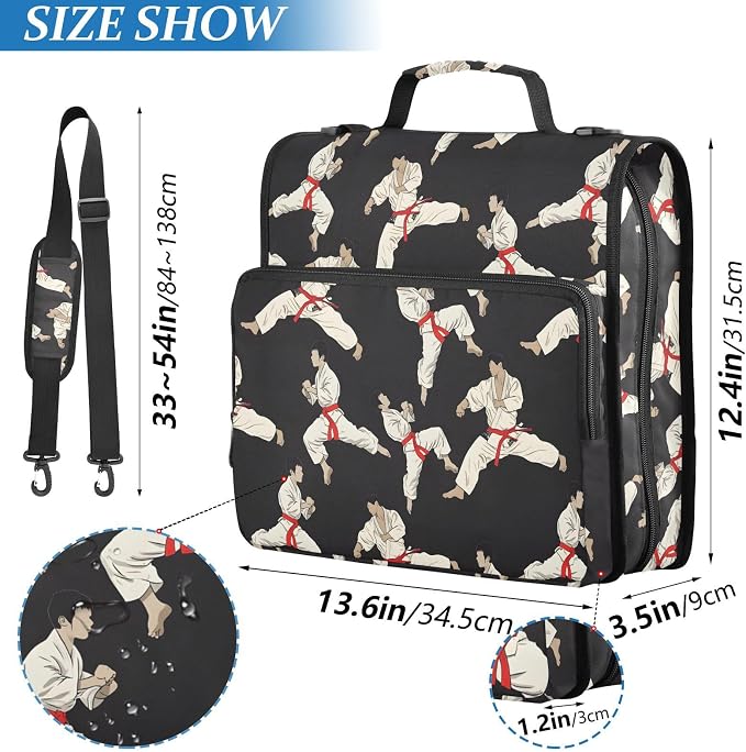Karate Black Background 3 Ring Binder Bag 1.5 inch Binder Organizer with Zipper Shoulder Strap 500 Sheet Documents Storage for School Office