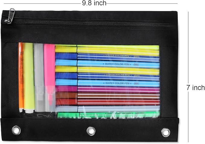 24 Pack 3 Ring Binder Pencil Pouch Bulk for School, Classroom, Office | Clear Pencil Case with Smooth Zipper, Clear Window Pencil Bag for Jewelry, and Cosmetic, Black