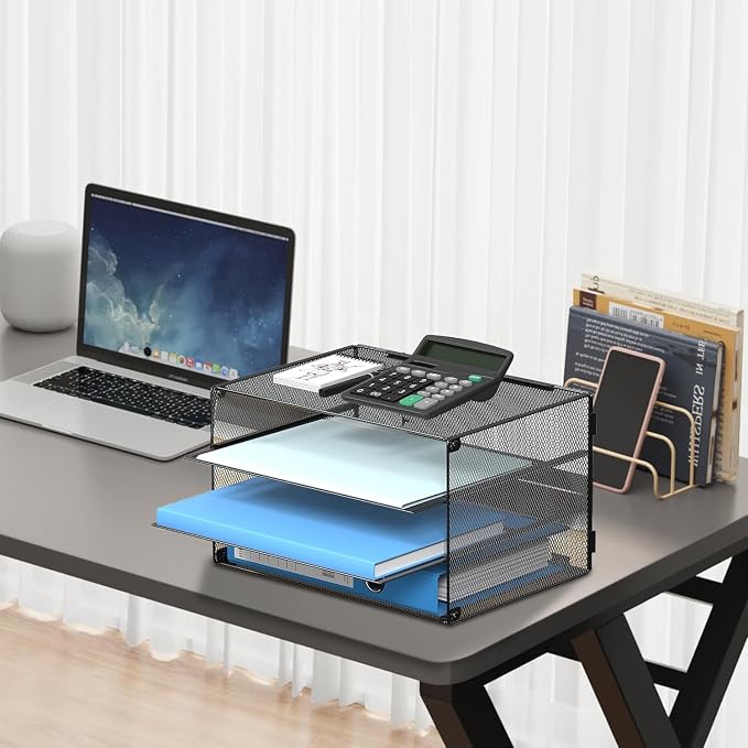 DALTACK 3 Tier Letter Tray Paper Organizer with Sliding Mesh Trays Black | Metal Mesh File Organizer with Sliding Trays for Letter and A4 Paper, Mail, Bills, Folders and Office Documents