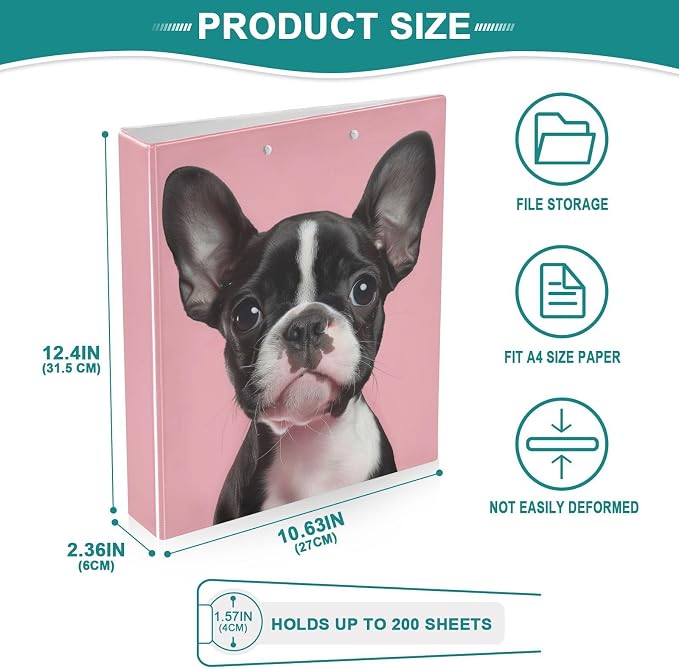 3 Ring Binder 1.5 Inch Boston Terrier Puppies Dog Pink Clipboards Binders with Interior Pockets Round Ring Binder for Office Supplies and School 1 Pack