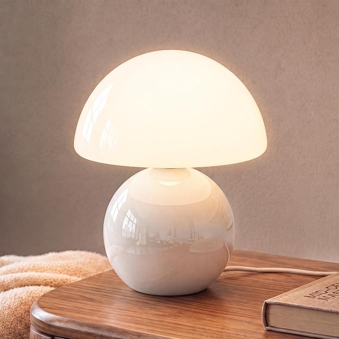 Mushroom Lamp Table Lamp for Bedroom-Small Desk Table Lamps,White | 8.7" Mid Century Modern Table Lamps for Living Room Bedroom Decor,Cute Ceramic Lamps for Mushroom Home Room Decor,Glass Shade