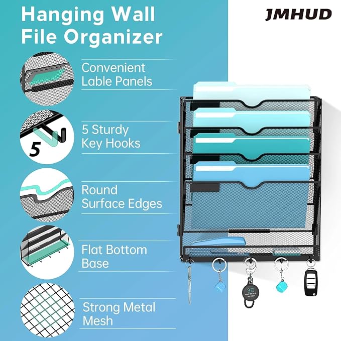 MHUD 5-Tier Wall File Organizer and Mail Organizer with 5 Hooks, 2 Pack | Label slots, curved openings, 5 key hooks, and a bottom tray support organized mail, file, and everyday item storage.