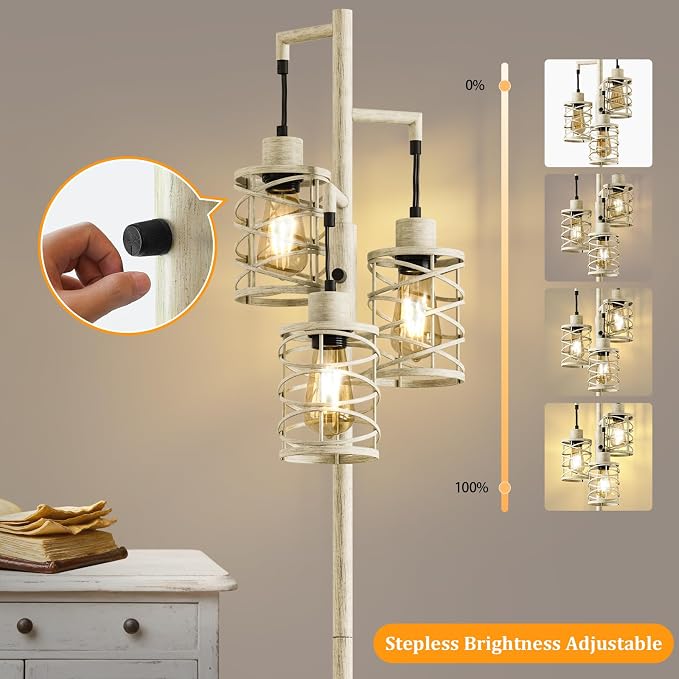 70" Industrial Floor Lamp, Stepless Dimmable Standing Lamp with 3 Bulbs, Farmhouse Corner Standing Tree Lamp for Living Room, Tall Lamps for Bedroom, Office, Dining Room, Antique Beige White