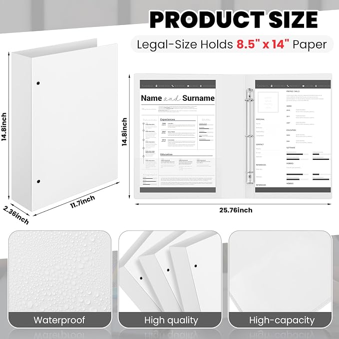 Henoyso 4 Pcs Legal Size Binder 3 Ring 2" Durable White Binders for 8.5" x 14" Paper Hold up to 375 Sheets for Documents Artwork Blueprints, Office, Home, Work Places