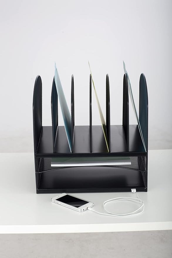 Safco 3233BL Onyx Mesh Powered Charging Station Desktop Organizer with 6 Vertical, 2 Horizontal Sections and USB Port, Black, 13.25"W x 11.5"D x 13"H