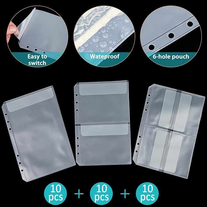 30pcs A5 Binder Pocket Set no Zipper Clear Budget Planner Inserts Bulk Budget Binder Organizer Cash Envelopes for Budgeting Waterproof PVC Loose Leaf Bags Card Sleeves for 6 Ring Notebook
