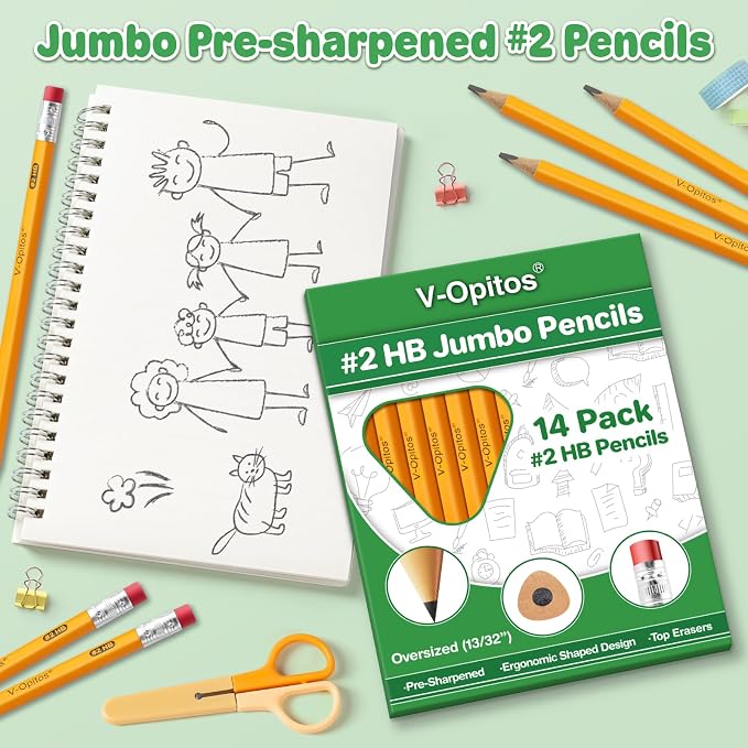 V-Opitos 28 Pack Jumbo #2 HB Pencils for Kids, Triangle Shape Pre-sharpened Wood-Cased Pencil with Top Eraser, Toddler First Pencils, Ideal Home, Kindergartens, School Classroom Supplies