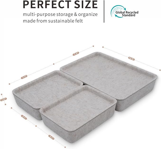 Oatmeal Lidded Felt Drawer Organizers 3pc Office Makeup Storage Box