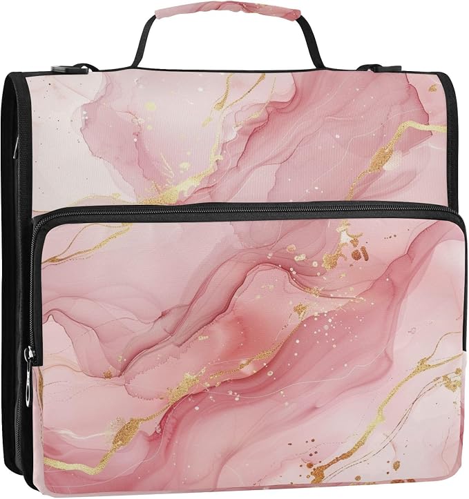 Pink Gold Watercolor Marble Zipper Binder with Shoulder Strap Trapper Keeper 3 Ring Binder Organizer Large Capacity Multiple Compartments for School Office