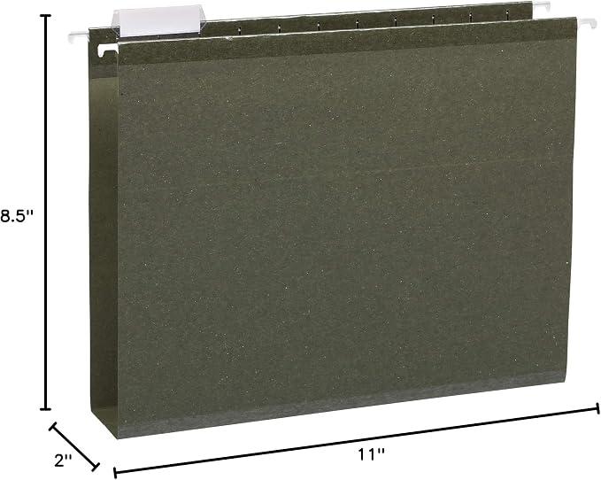 Amazon Basics Hanging File Folders, Letter Size, Standard Green, 1/5-Cut Adjustable Tabs, Reinforced Extra Capacity for Bulky Files, 25 Per Box