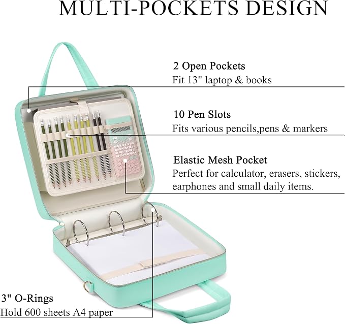 Zipper Binder | 3 Inch O-Ring, 600 Sheet Capacity Trapper Keeper with Shoulder Strap & Handle, Binder Bag with Multiple Storage Pockets, Fits 13" Laptop (Mint Green)