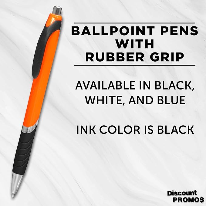 DISCOUNT PROMOS Ballpoint Pens With Rubber Grip - 10 pack - Black Ink Ball Point Pen with Soft Touch Plastic - Orange
