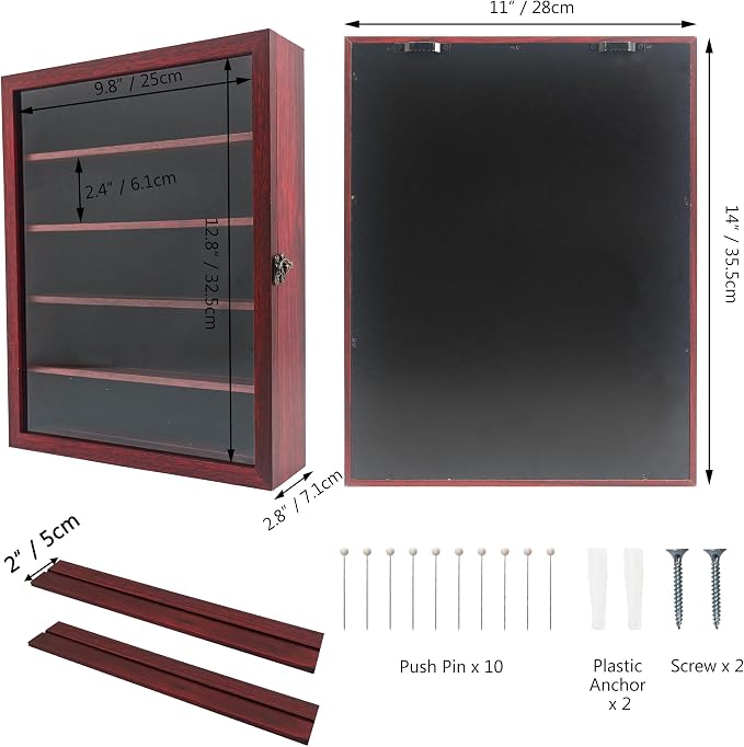 FramePro 11x14 Display Case with Adjustable Shelves Cherry, 4-Tier Memory Shadow Box for Wall, Deep Wooden Keepsake Display Shelf with Locking Door for Memorabilia, Photos, Medals, Wedding, Home Decor