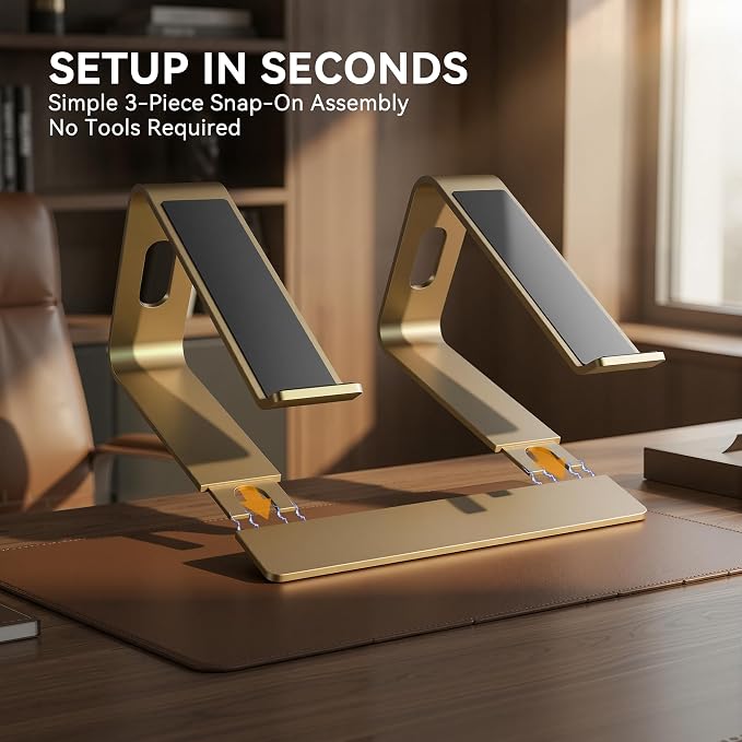 SOUNDANCE Laptop Stand, Aluminum Computer Riser, Ergonomic Laptops Elevator for Desk, Metal Holder Compatible with 10 to 15.6 Inches Notebook Computer, Gold