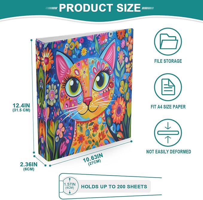 3 Ring Binder Colorful Cat Whimsical Style 1.5" Round Ring Binders View Binder with 200 Sheet for Kids School Supplies Women Men Office, 1 Pack