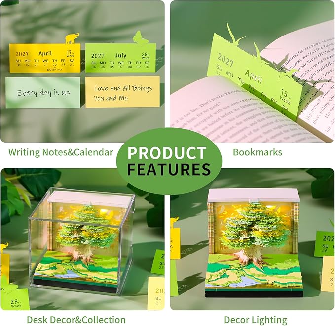 3D Time Piece Calendar, 2027 Desk Calendar With LED Light, 3d Tree Memo Pad Creative Desk Calendar, Christmas Gift for Colleague Friend, Desktop Decoration(Lucky tree)