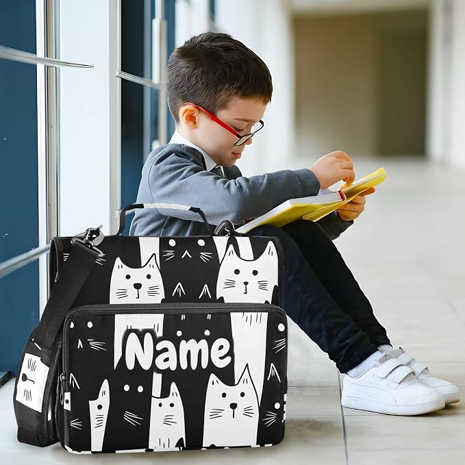 Custom White Black Cats 3 Ring Binder Bag 1.5 inch Personalized Name Binder Organizer 500 Sheet Documents Storage for School Office